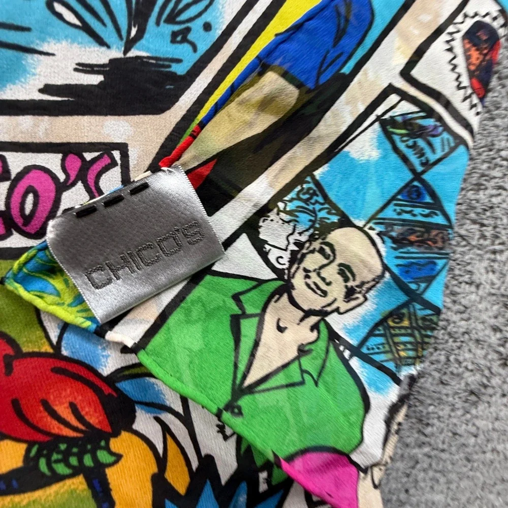 Chico's Silk Scarf Womens OS Multi Color EUC Coastal Sanibel Island Comic Print